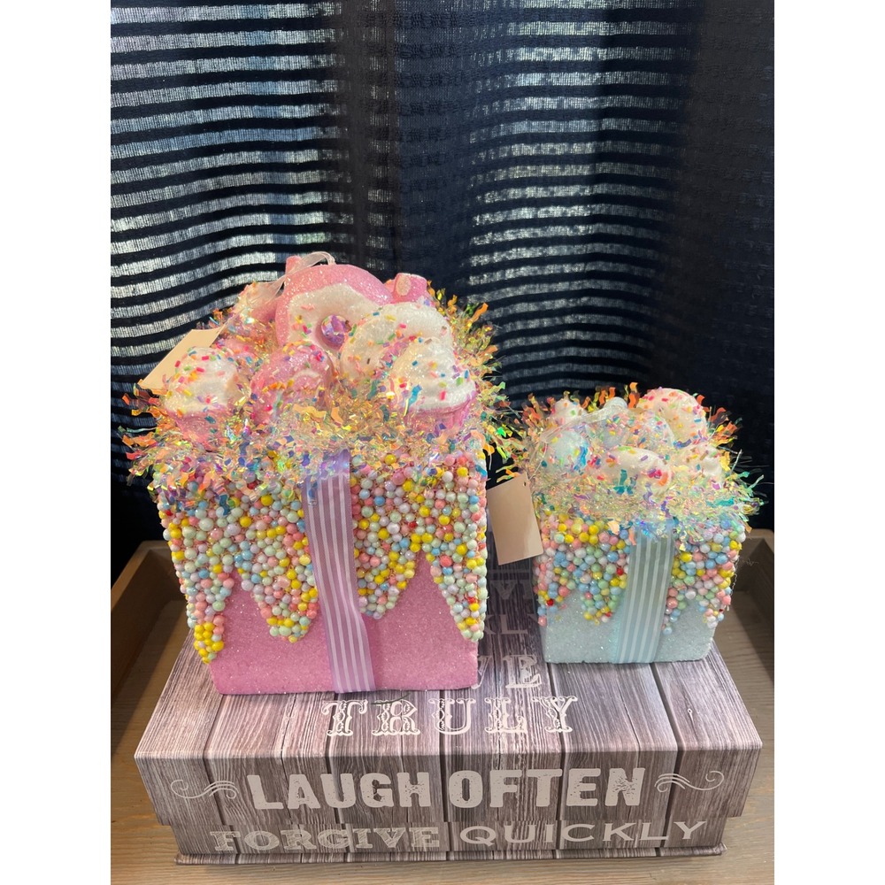 Sweets Treats Glitter Gift Box Decor Set Pink Blue Faux Candy‎ 2pc foam glitter